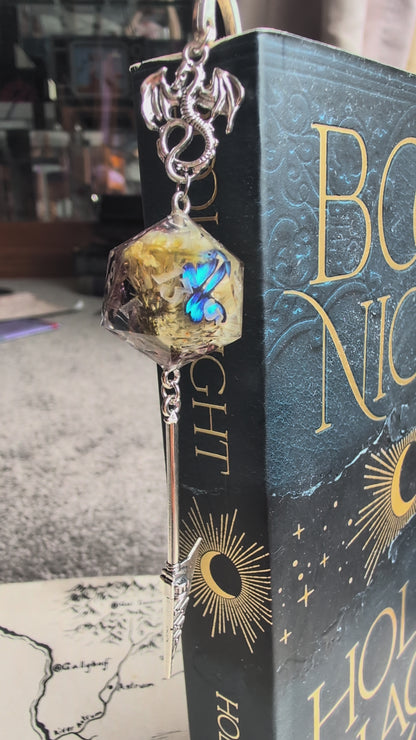 Blue Butterfly Garden Sword Bookmark with Dice